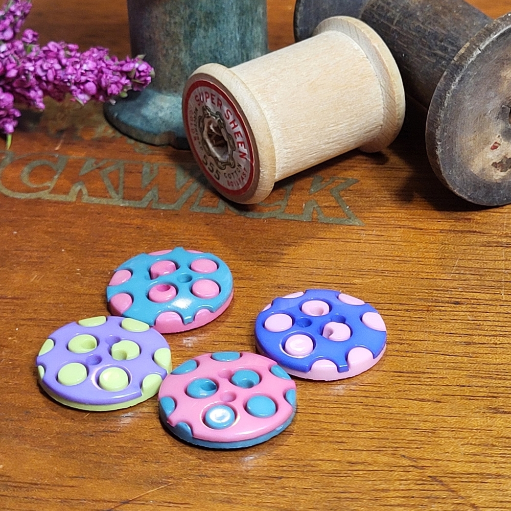 Vintage Lot of Plastic Round Polka Dot Pastel Four Hole Sewing Buttons ~ 4pcs